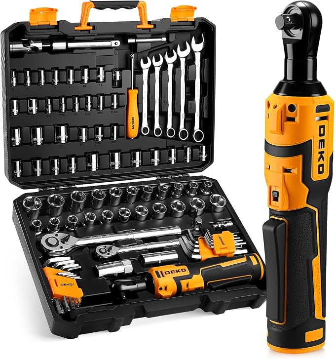 DEKOPRO Cordless Ratchet Wrenches Set：1/4", 3/8", 1/2" Impact Sockets Set, 74Pcs 3/8'' Electric Ratchet Wrench Tool Kit with Adjustable Speed, LED Light for Battery