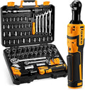 DEKOPRO Cordless Ratchet Wrenches Set：1/4", 3/8", 1/2" Impact Sockets Set, 74Pcs 3/8'' Electric Ratchet Wrench Tool Kit with Adjustable Speed, LED Light for Battery