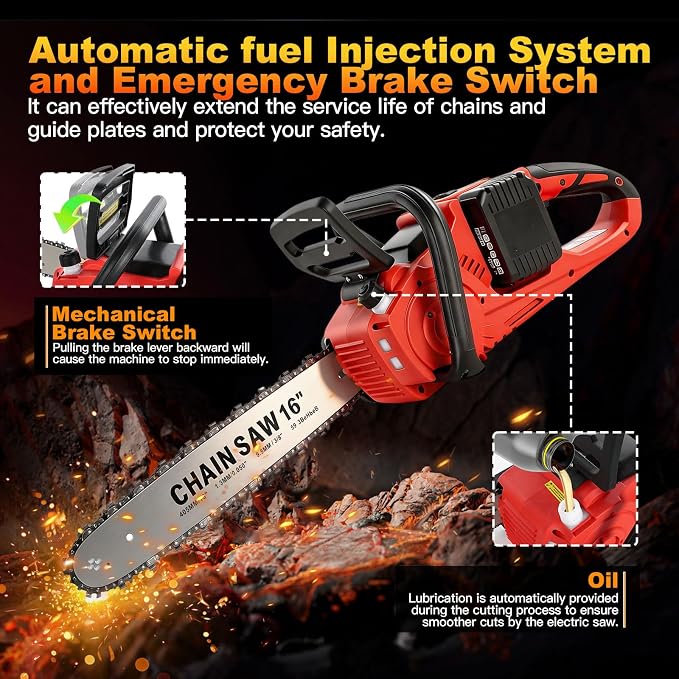 Brushless Electric Chainsaw, 42V 16 Inch Cordless Battery Powered ChainSaw, Hand Held Chain Saw with Auto Oiler & Mechanical Safety Lock,2 x 4.0Ah Batteries, Ideal for Tree Cutting and Branch Pruning