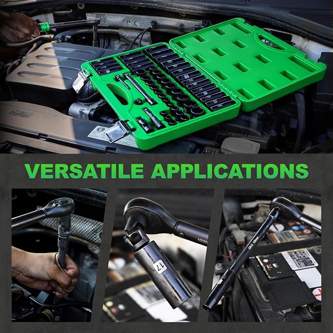 3/8" Impact Socket Set, 50PCS SAE 5/16-3/4" & Met 8-22mm | 6 Point, Extension Bars, Impact Universal Joint, Adapter, Cr-V Steel