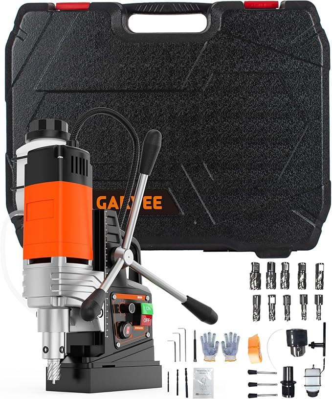 GarveeTech Mag Drill Press, 1650W 1.57" Boring Diameter, 2922lbf Power Portable Magnetic Drill, 810 PRM, 10-Speed, with 10Pcs Drill Bits 3Pcs Twist Drill and 1Pcs Plastic Box Electric Drilling Machine