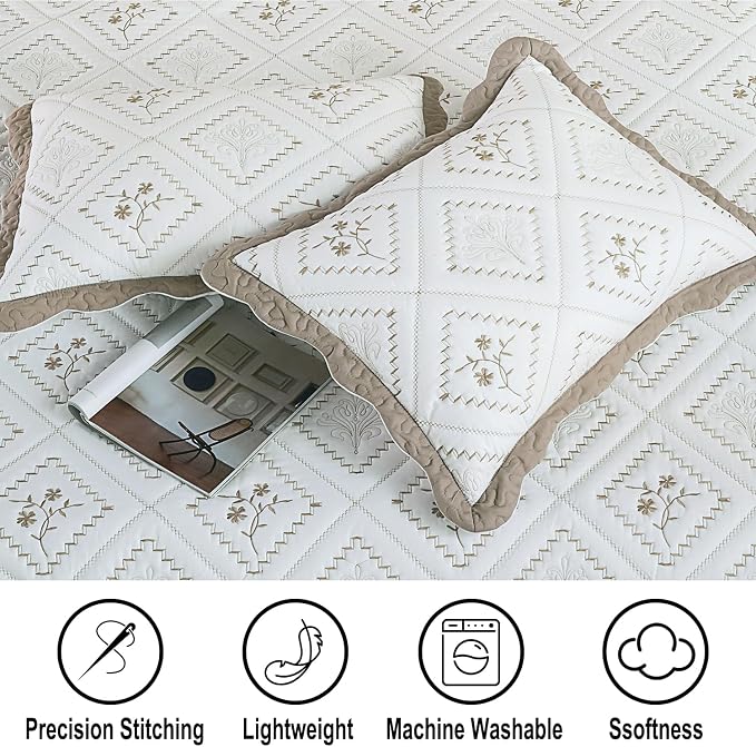 Cmfshape Floral Embroidery Quilt Set,3 Pieces California King Quilt Bedding Set,Classic Diamond Pattern Quilts,Ultra Soft Lightweight Reversible Bedspread Coverlets for All Season(Taupe,114"x102")