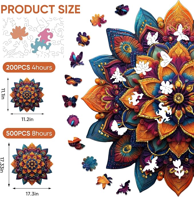 Mys Aurora Purple Mandala Puzzles for Adults, 200 Piece Colorful Flower Jigsaw Puzzles, Unique Shaped Round Wooden Puzzles for Adults and Kids, Fun Challenge for Birthday Gift, 11.2 x 11.2 Inches