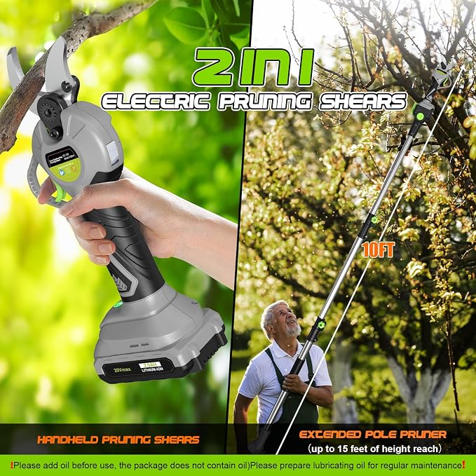 2 In 1 Pole Pruning Shears Cordless, Electric Pruning Shears with LCD Display, 8.8ft Extendable Pole for Tree Trimming, with 2 Pack 2000mAh Batteries and Goggles