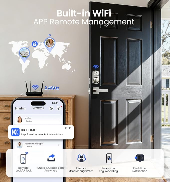 Veise VE012W-L WiFi Fingerprint Deadbolt Lock with Handle Set, Satin Nickel | Built-in WiFi, APP Remote & Voice Control, Real-time Alert, Smart Keyless Entry for Front Door, Back-Lit Keypad, Auto Lock