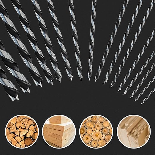 Brad Point Wood Drill Bit Set, 16Pcs 12 Inch Extra Long Drill Bit Set with Double Flutes Design for Carpenter Woodworking and All Types of Wood (7/64" - 5/8")