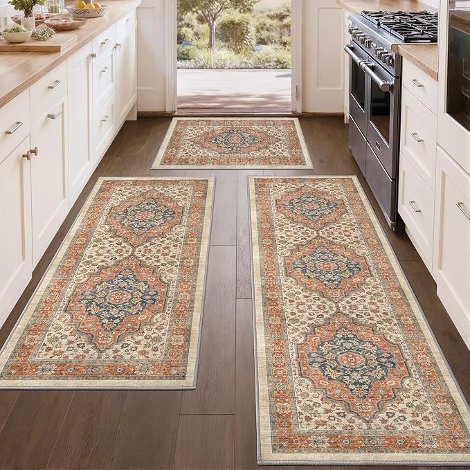 Color&Geometry Vintage Kitchen Rugs Sets of 3, Machine Washable 4mm Ultra Thin Stain Resistant Kitchen Floor Mats, Non Slip TPE Backing Runner for Sink,Hallway,Laundry,Entryway (2x3+2x5+2x7)