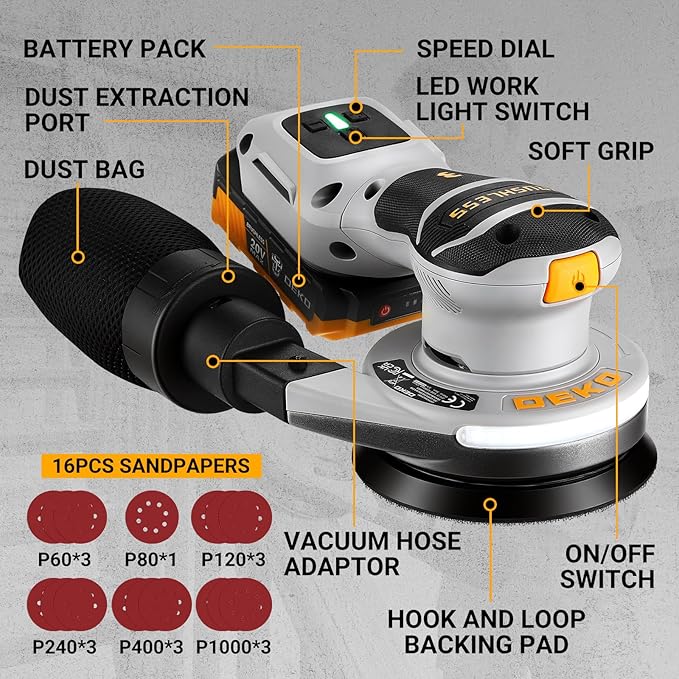 Cordless Orbital Sander: DEKOPRO 20V 5Inch Brushless Orbital Sander, 6000-12000RPM Electric Plam Sander Tool with Battery, Charger, Sanding Discs,Dust Box & Dust Pipe for Woodworking