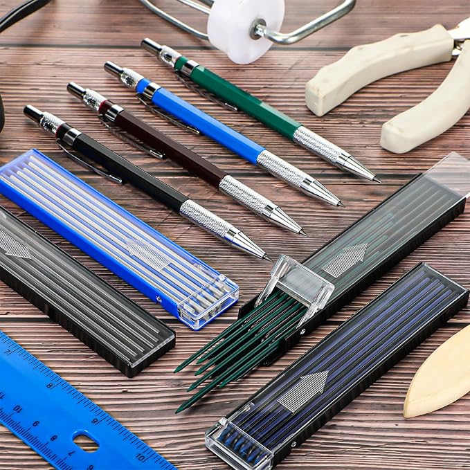 Nezyo 4 Pieces Welder Pencil with 60 Pieces Round Refills Mechanical Pencil Metal Marker Pen for Construction Workers, Metal Work, Welders, Plumbers, Framers (Black, Blue, Green, Silver)