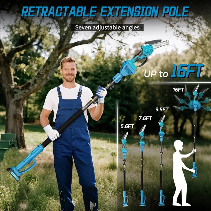 Pole Saws for Tree Trimming, 2-in-1 Pole Saw＆6 Inch Mini Chainsaw,with Extension,Max Reach 16 Ft,Electric Pole Saw Used for Wood Cutting and High-Branch Pruning,2× 21V 2.0Ah Battery