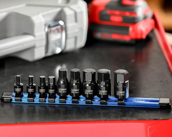 ARES 70497 9-Pc Metric Impact Hex Socket Set, Chrome Moly, Rail | Manganese phosphate coating; low profile and designed for impact use.