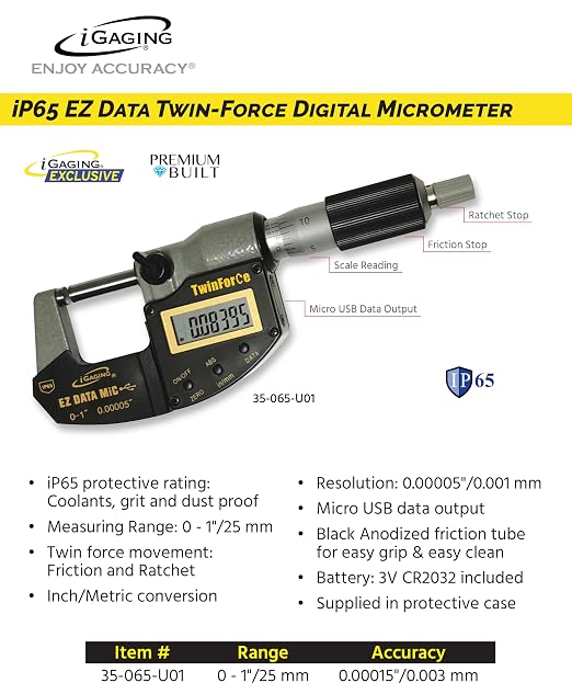 iGAGING 0-1"/0-25mm Twin Force Friction and Ratchet Movement Digital Micrometer, IP65 Rate, 35-065-U01