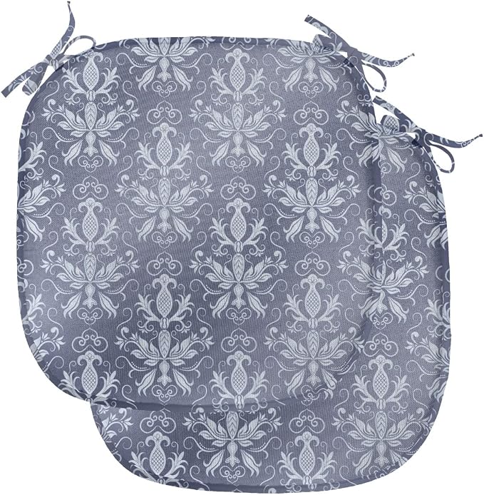 Lunarable Damask Chair Seating Cushion Set of 2, Medieval Repetitive Pattern with Flourish Ornaments, Anti-Slip Seat Padding for Kitchen & Patio, 16"x16", Purpleblue Ceil Blue