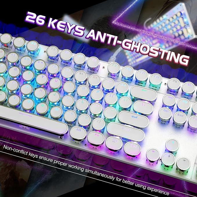 YSCP Typewriter Style Mechanical Gaming Keyboard RGB Backlit Wired with Blue Switch Retro Round Keycap 104 Keys Keyboard (R-White)