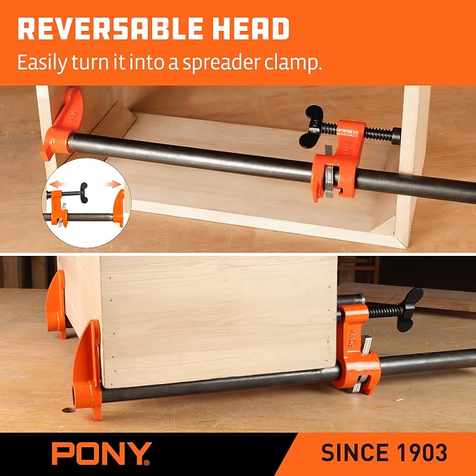 PONY Original Deep-Reach Pipe Clamp Fixture Set, 2 Pack 3/4″ Pipe Clamp Tools, 2.5″ Throat Depth, Reversible Spreader Heads, Multi-Disc Clutch for Woodworking, Carpentry, DIY
