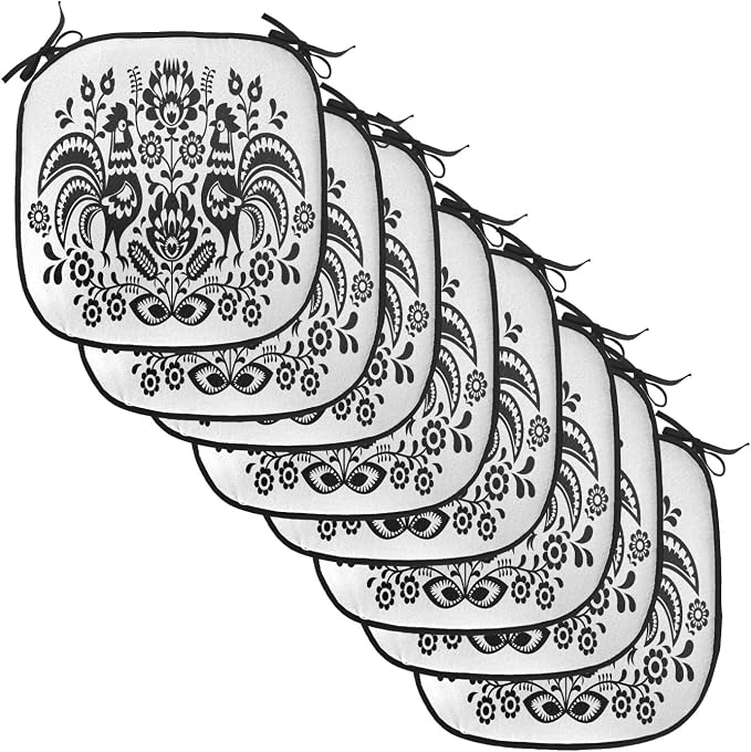 Lunarable Gallus Chair Cushion Pads Set of 8, Polish Floral Design with Roosters Traditional Folk Pattern Easter Celebration, Anti-Slip Seat Padding for Kitchen & Patio, 16"x16", White and Black