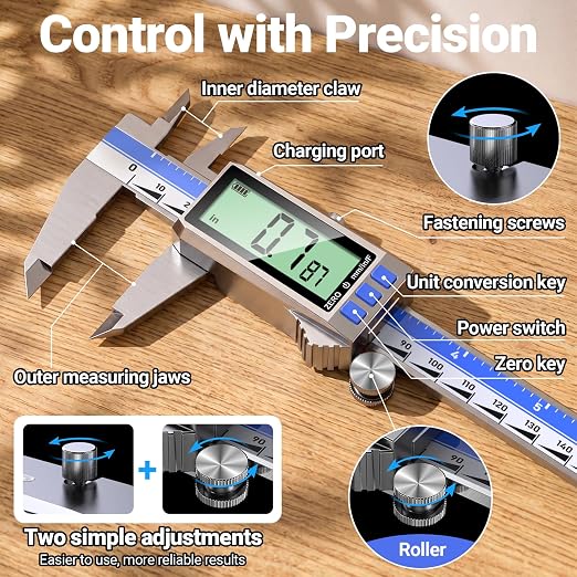 Preciva Digital Caliper 8 Inch, Rechargeable Stainless Steel Vernier Caliper with Large Display, Auto Off, Precision Inch/mm/Fraction Measuring Tool for DIY/Household/Woodworking