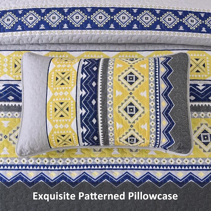 WONGS BEDDING 3 Pieces Quilt Set King Size, Grey Yellow Quilt Bedspread Lightweight Bohemian Coverlet Set with 2 Pillowcase, Soft Geometry Printed Bedding Set King for All Season 104"×90"
