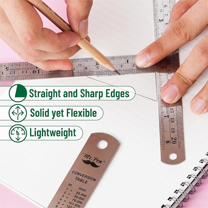 Mr. Pen- Metal Straight Edge Ruler, 6 pcs, 6", 8", 10", 12", 14", 16", Stainless Steel Ruler Set, Imperial & Metric Measurements for Drawing, Home, Office, Engineering