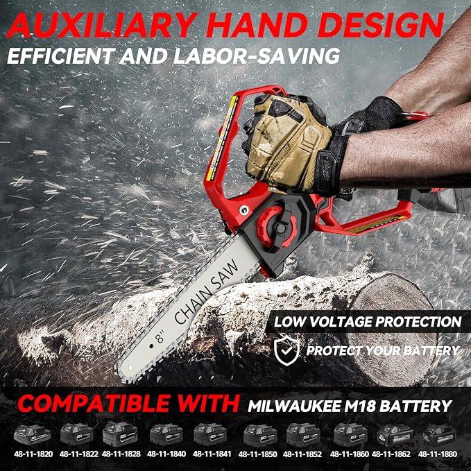 Mini Chainsaw for Milwaukee Battery, 8-Inch and 6-Inch 2-in-1 Cordless Electric Chainsaw with Brushless Motor and Auto-Oiler, 800W Hand Chainsaw for Tree Pruning Wood Cutting (No Battery)