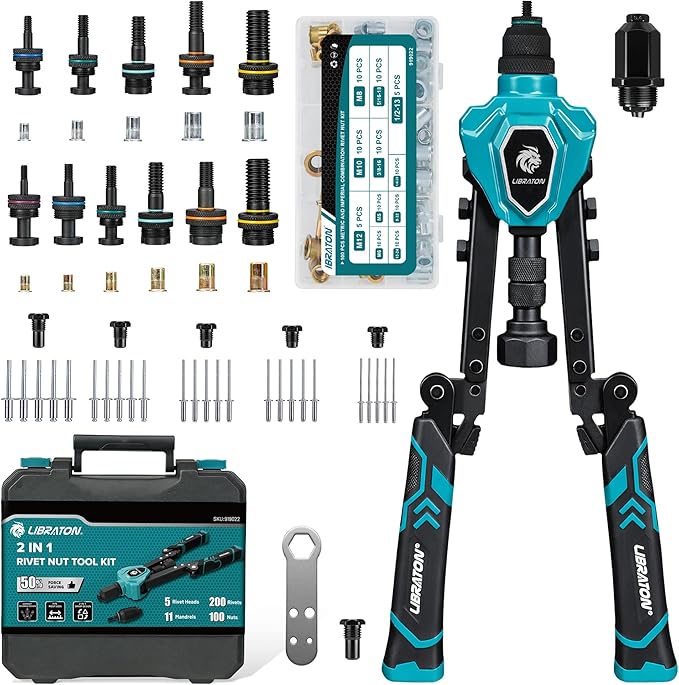 LIBRATON 2in1 Rivet Nut Tool and Rivet Gun Kit Folding, with 11 Mandrels (Metric & SAE) & 5 Nose Pieces (2.4-6.4mm), Includes 100 Nuts & 200 Pop Rivets, Folding Heavy Duty Hand Tool for DIY & Repair