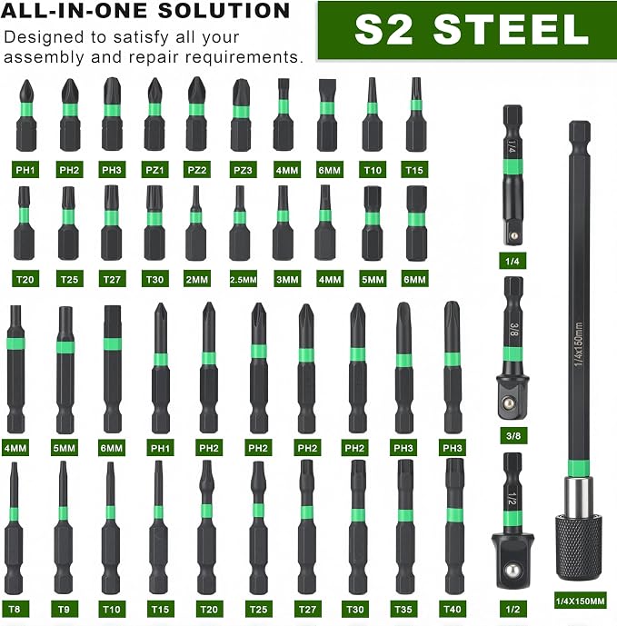 AEROFORCE 74 PCS Magnetic Nut Driver Set, Impact Drill Driver Bit 1/4" Hex Shank, SAE & Metric Cr-V Steel Power Nut Drivers with Wing Nut Driver, Impact Socket Adapters, screwdriver bits