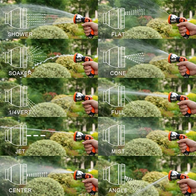 Garden Hose Nozzle, Hose Sprayer Nozzle with 10 Spray Patterns, Thumb Control On Off Valve, High Pressure Metal Water Hose Nozzle for Car Wash, Plants, Pets & Outdoor Cleaning, Orange