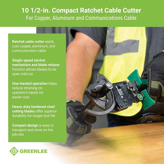 Greenlee 759 10-1/2" Compact Ratchet Cable Cutter for Copper, Aluminum, and Communications Cable