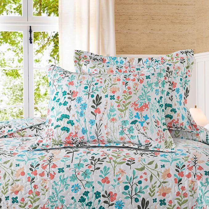 BEDIFANY Queen Size Quilt Bedding Set - Cotton Filling Lightweight Reversible Bedspread with Botanical Floral Pattern, Farmhouse Bed Coverlet for All Seasons, 3-Piece Set (90x98 Inches)