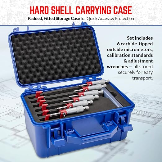 Premium Outside Micrometer Set 0-6" / 0.0001" (0-1"/ 1-2"/ 2-3"/ 3-4"/ 4-5" /5-6") Precision Machinist Tools w/Carbide Tips, Standards, Ratchet Stop