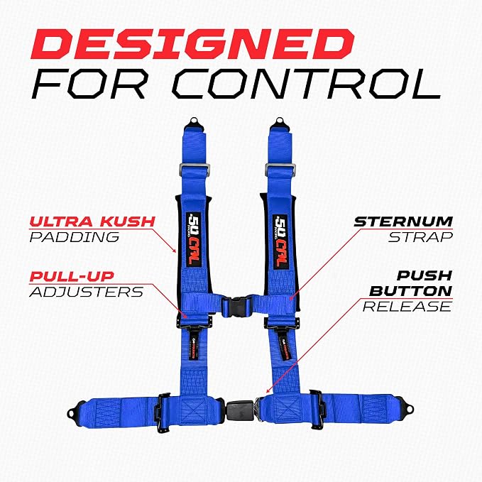1pc 50 Cal Blue 4 Point Harness 3in Straps, Racing Harness Seat Belt | Ultra Kush padding, Push Button quick release hardware. Universal Fit for UTV, RZR, race car.