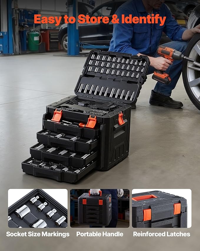VEVOR Mechanics Tool Set, 256-Piece Mechanic Tool Kit, 1/4 in, 3/8 in, and 1/2 in Drive, SAE and Metric Socket Set, Wrenches, Screwdriver Bits, Accessories, and Storage Case, for Automotive Repair