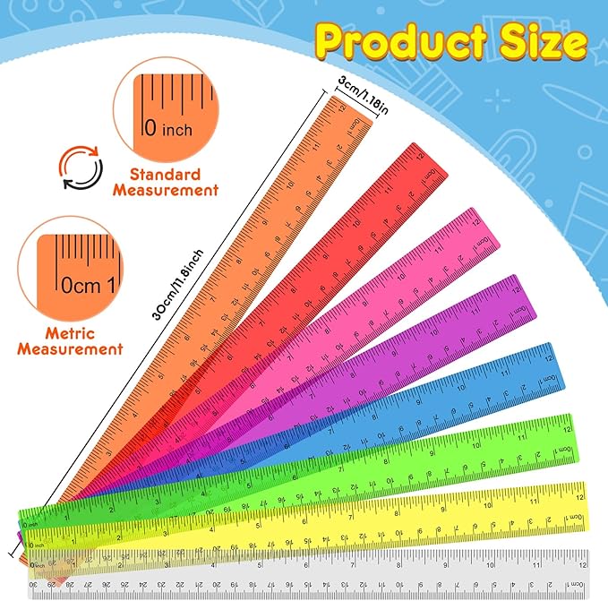 200 Pack Clear Plastic Rulers 12 Inch, Rulers Bulk for Classroom, Transparent Assorted Color Rulers with Inches & Centimeters, School Supplies for Students & Teachers, Back to School Essentials