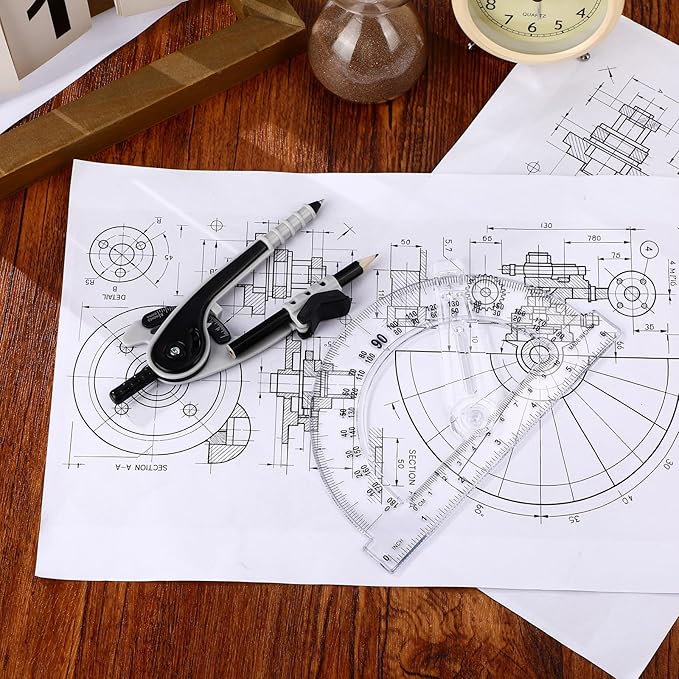 Zonon Student Protractor and Compass Set, Student Geometry Math Set Drawing Compass and 180 Degree 6 Inch Protractor with Swing Arm for Drawing Measuring School Office(Black)
