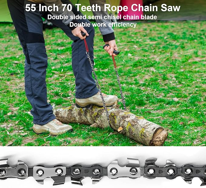 Rope Saw for Tree Limbs, 55 Inch Rope Chain Saw with 70 Sharp Teeth ＆ 46 Feet Ropes Kit, Rope Saw Tree Saw High Limb Rope Chainsaw, Pocket Chainsaw
