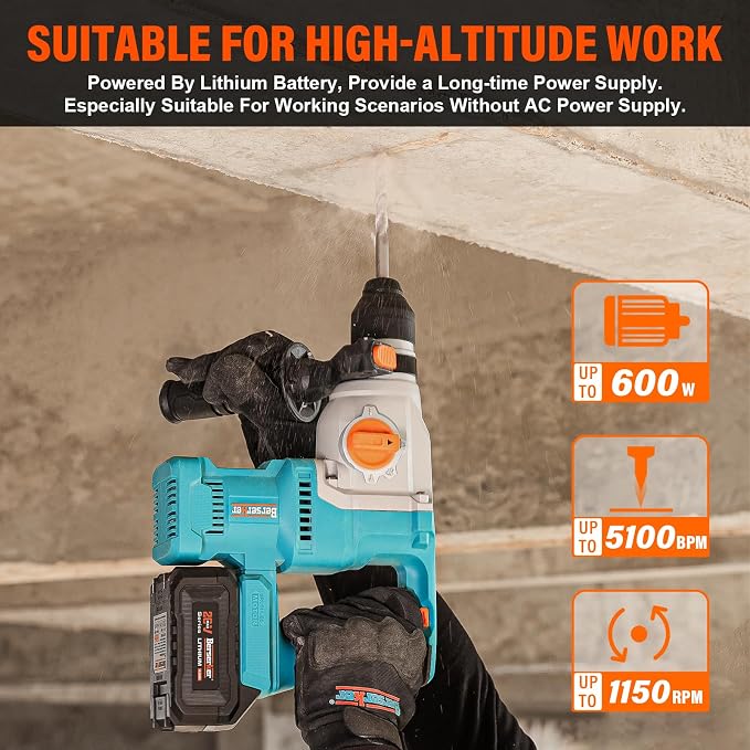 Berserker 1-1/8" SDS-Plus Cordless Rotary Hammer Drill for Concrete 111Plus | 2 x 20V 4.0Ah Lithium-Ion Battery Powered w/ 3A Charger,4 Functions Brushless Motor Variable Speed Safety Clutch Rotomartillo