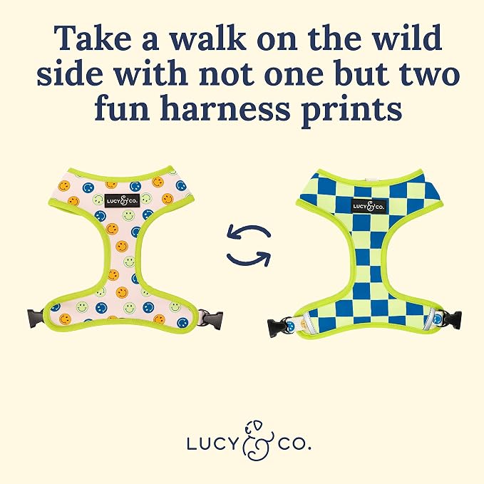Lucy & Co. Reversible Dog Harness - Water-Repellent Neoprene, Dual-Print Design, Easy Swap Style, Adjustable Comfort Fit - Have a Nice Day Reversible Harness - X-Small