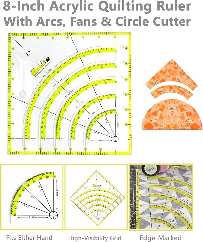 Quilting Kit with Quilting Ruler Holder, Rotary Cutter, Curved Corner Cutter Quilting Ruler, Slotted Quilting Ruler, Arcs Fans Quilt Circle Cutter Ruler, Non Slip Ruler Grip Rings, Heat Erasable Pens