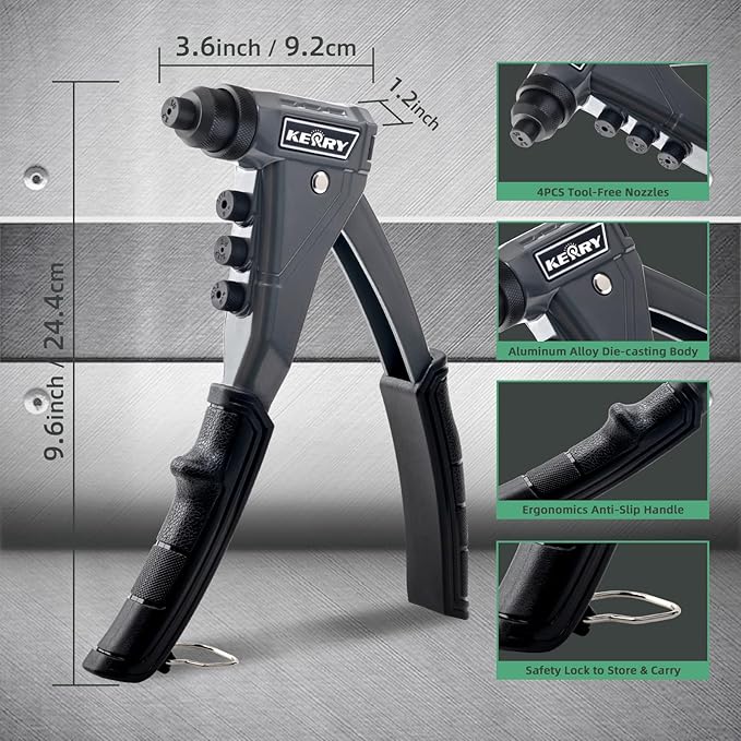 Kerry One-Handed Pop Rivet Gun Set - 9.6" Extended Ergonomic Handle, 4 Tool-Free Interchangeable Heads, 200 Aluminum Rivets (3/32" 1/8" 5/32" 3/16"), Professional Manual Riveting Tool for Metal Work