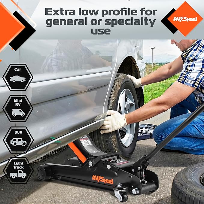 AV Steel Floor Jack 2.5 Ton (5500 lbs), Low Profile Floor Jack with Single Piston Pump, Heavy Duty Steel Hydraulic Jack for Car, Jack for Car with Lifting Range 3.4'' to 14.6''