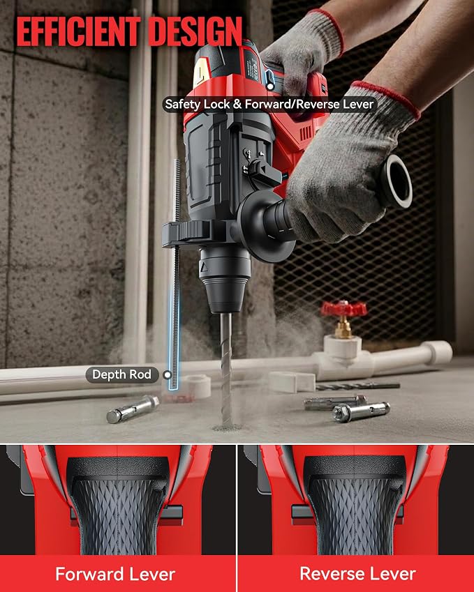 MtiolHig 1" SDS-Plus Cordless Rotary Hammer Drill Compatible with Milwaukee 18V Battery, 3J Impact Energy Brushless Motor, 7-Speed Variable 4-Mode with 5 Chisel/Bit Set for Concrete/Masonry, Tool Only