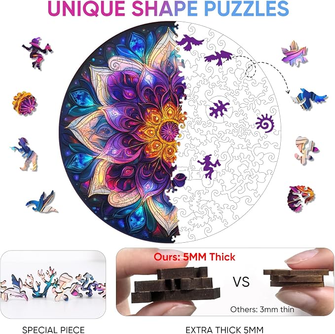 Delobil Puzzles for Adults 500 Pieces, 5MM Thick Colorful Mandala Flower Wooden Puzzles, Geometric Art Blue Round Jigsaw Puzzles for Adults and Kids, Family Game Gift Puzzle 16.5 * 16.5Inch