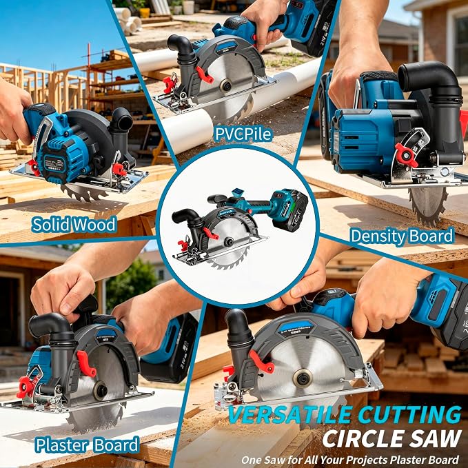 AwxryoX 6-1/2" Cordless Circular Saw,Brushless Sierra Circular with 2 x 6.0Ah Battery & 3 Blade,Electric Hand Circle Saw 0-45° Cutting Bevel,Max Cut Depth 2-1/4"(90°),1-7/16" (45°) for Wood Metal PVC