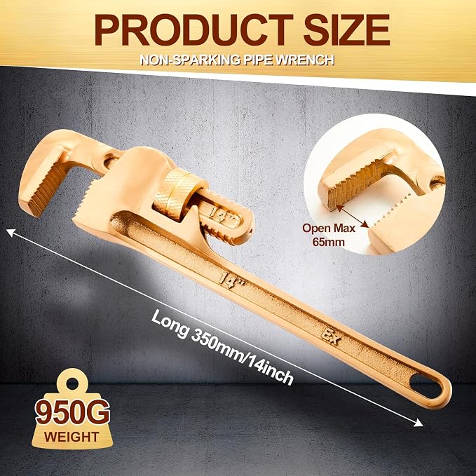 Hicarer 14'' Non-Sparking Pipe Wrench | Opening Max 65mm, Aluminum Bronze Spark-free Adjustable Pipe Spanner Straight Plumbing Wrench, Corrosion Resistant