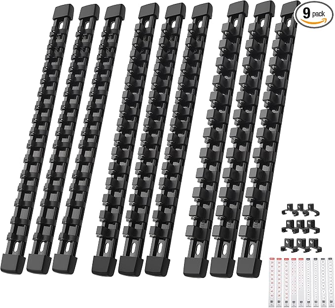 Reniteco 9-Pack Socket Organizer Set, 1/4" x 48 3/8" x 45 1/2" x 36 Clips | 129 Clip Capacity, Havy-Duty ABS Socket Rails, Removable Clips, Drive Socket Storage, Toolbox Drawer or Wall Mount