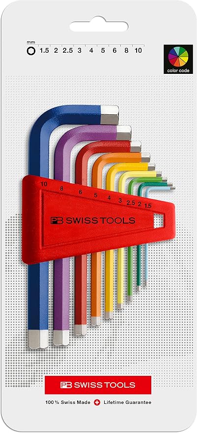 PB SWISS TOOLS 9 Rainbow Key L-Wrenches with Precisely Chamfered Edges and Colour Coded by Size, Model #210.H-10 RB, Set in a Practical Plastic Holder