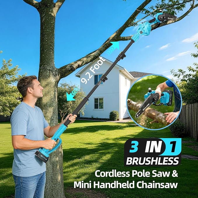 3-in-1 Electric Pole Saws for Tree Trimming, 8 Inch & 6 Inch Mini Chainsaw Cordless with 2x4.0 Ah Battery, Battery Powered Pole Chain Saw, 16 Ft Reach, Telescopic Chainsaw Tree Trimmer Branch Cutter