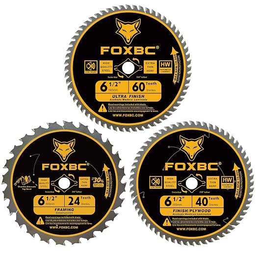 FOXBC 6-1/2 inch Circular Saw Blade 24T 40T 60T Combo Pack, Ultra Fine Finish for Wood Cutting, Thin-Kerf with 5/8" Arbor