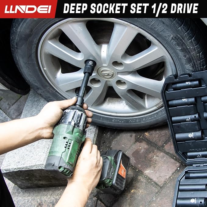 LLNDEI 1/2" Drive Deep Impact Socket Set 37Pcs SAE/Metric CR-MO | 3/8"-1-1/4" & 8-24mm, Spark Plug 16/21mm, Universal Joint & Extensions, for Auto, Truck & Heavy Equipment