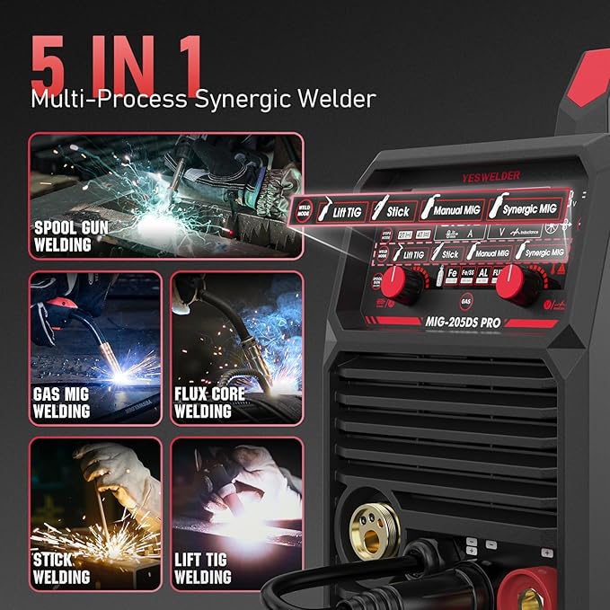 YESWELDER 205A MIG Welder, 110V/220V Dual Voltage, 5 in 1 Gas MIG/Flux Core MIG/Spool Gun MIG/Lift TIG/Stick Multiprocess LED Digital Display Aluminum MIG Welding Machine MIG-205DS PRO